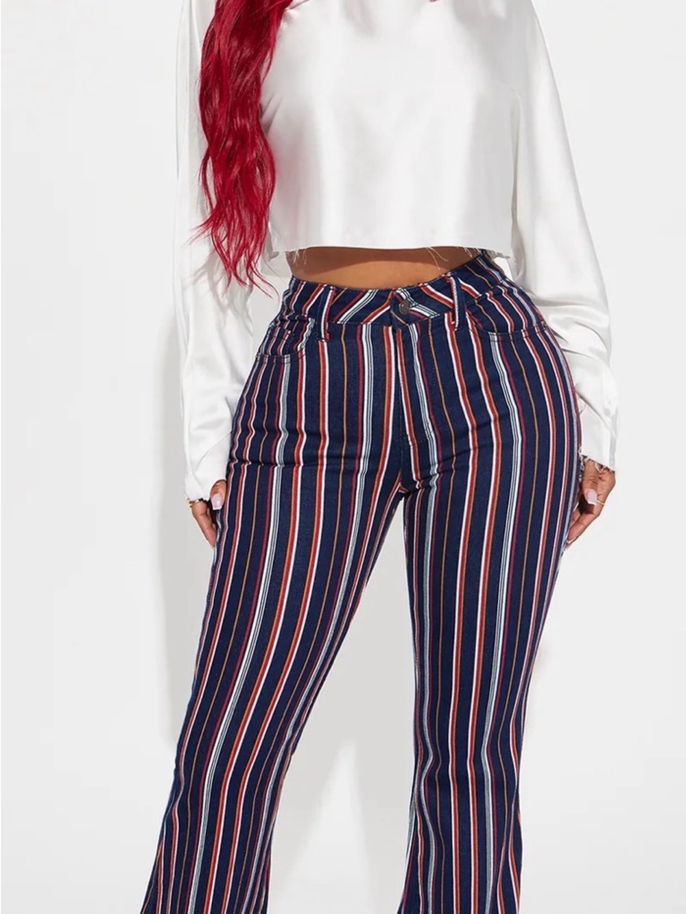 Striped Navy High-Waist Flare Pants